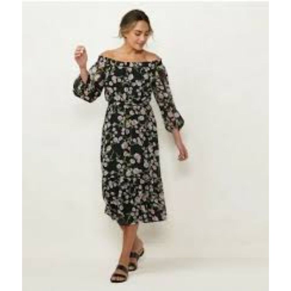 LC Lauren Conrad Women's Small Black Floral‎ Smocked Midi Dress